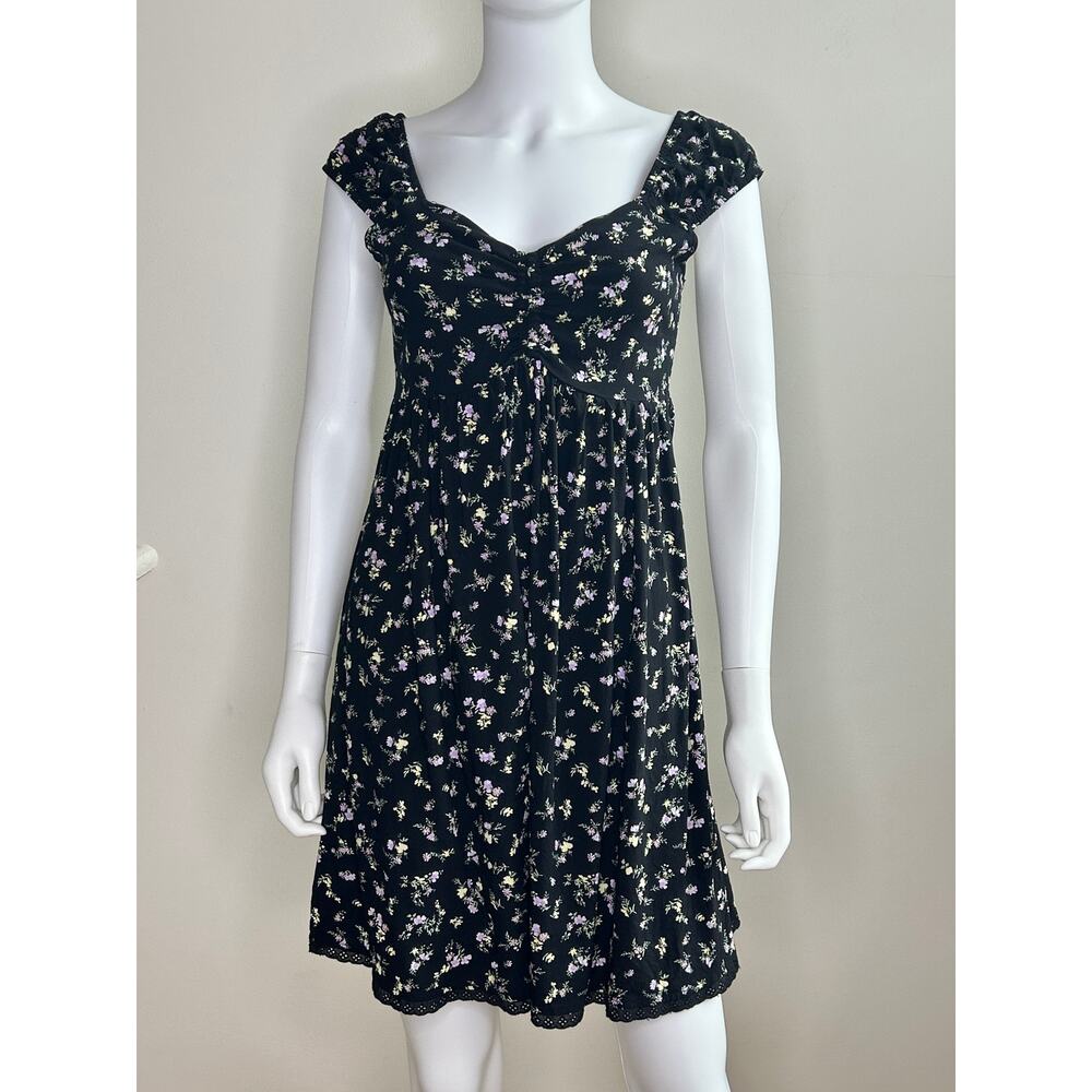 Pink Rose Floral Babydoll Cap Sleeve Lace Hem Spring Dress Women Small NWOT